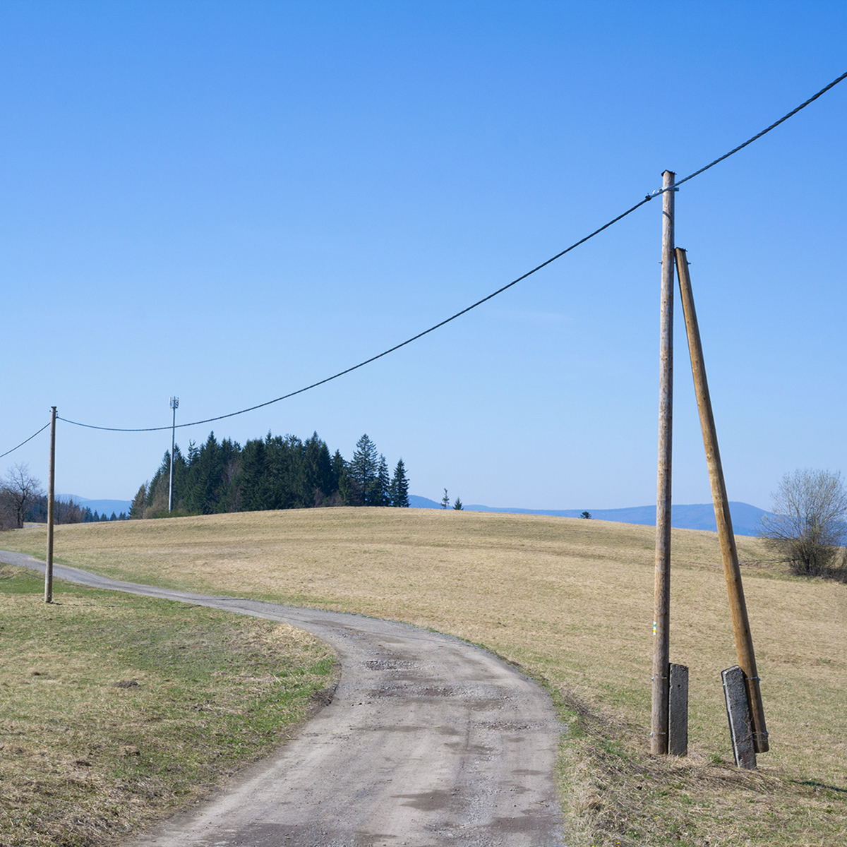 Field path and utility electrical power pole, Komorovský Grúň, Beskid mountains, Czech Republic